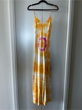 DANNIJO Silk Tie Dye Maxi Slip Dress XS Yellow Pink Bias Cut